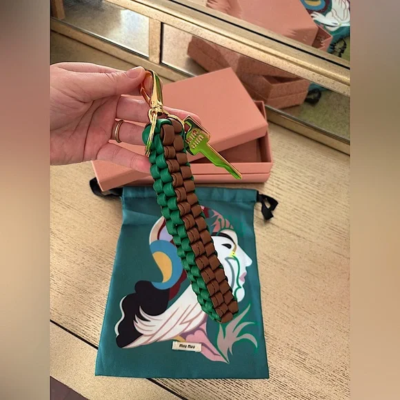 Miu Miu Leather Keychain Trick in Cognac/Mango Braided With Snap-Hook Logo - Picture 14 of 15